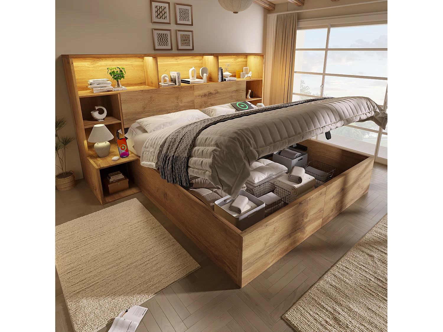 Hydraulisch opbergbed met eikenhouten look - 160 x 200 cm - met geïntegreerde nachtkastjes + LED's + opberghoofdbord + LED's - hout - naturel