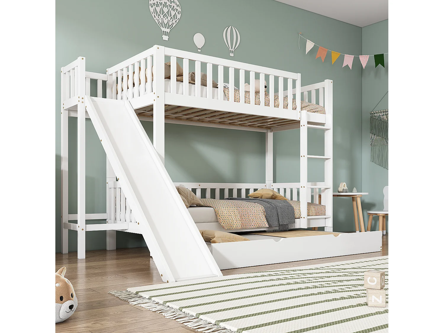 Hoogslaper - 90x200 - Met Uittrekbed, Regalen en Rutsche - Ideaal voor Kinderen - Grenenhout - Wit