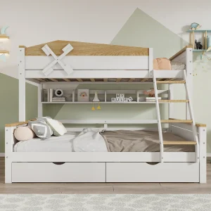 Hoogslaper – 90×200 & 140×200 – Met Windmolen en Regalen – Met Rausfallschutz en Schubladen – Hout – Wit + Natuur Hoogslaper – 90×200 & 140×200 – Met Windmolen en Regalen – Met Rausfallschutz en Schubladen – Hout – Wit + Natuur