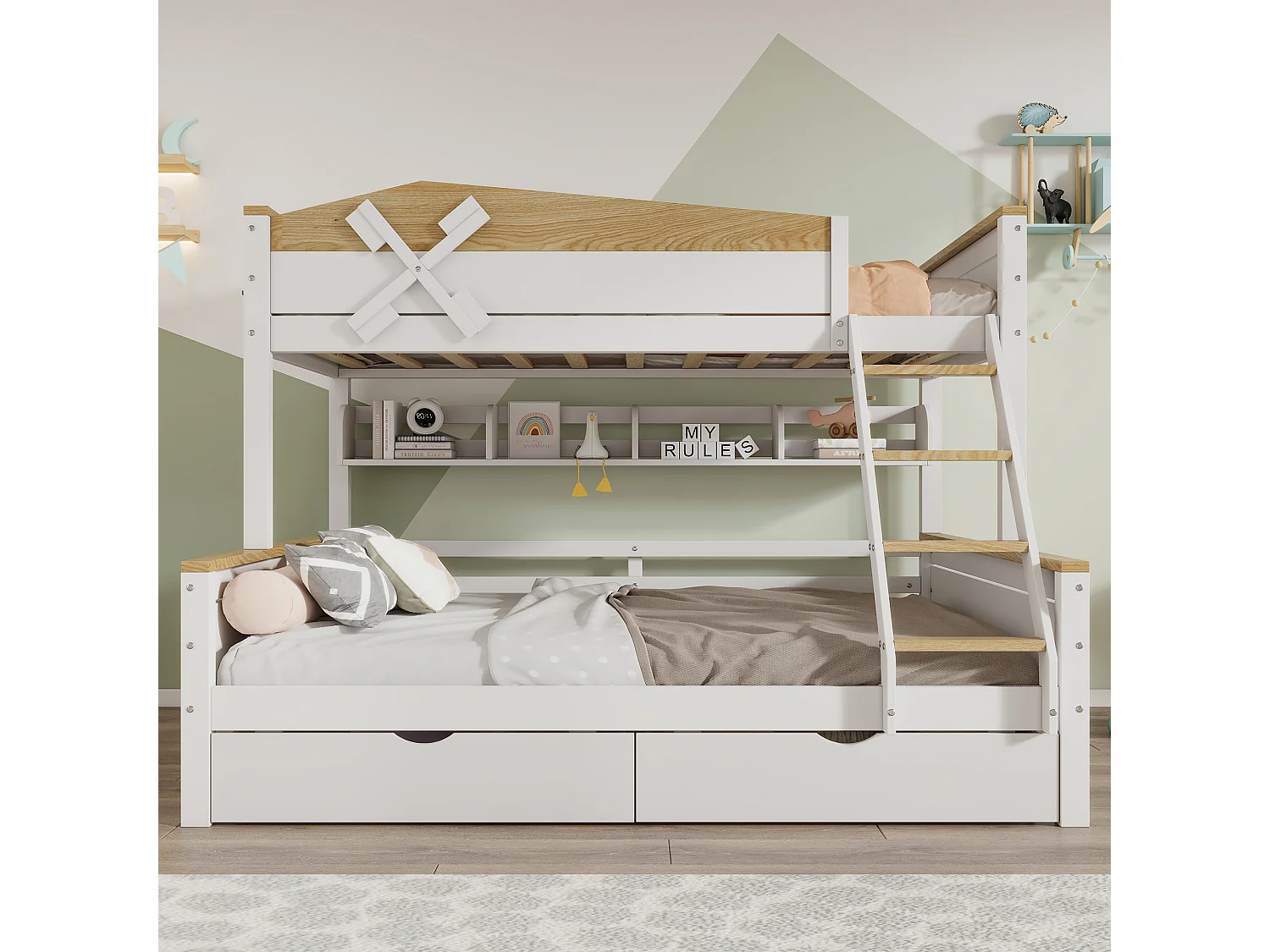 Hoogslaper - 90x200 & 140x200 - Met Windmolen en Regalen - Met Rausfallschutz en Schubladen - Hout - Wit + Natuur