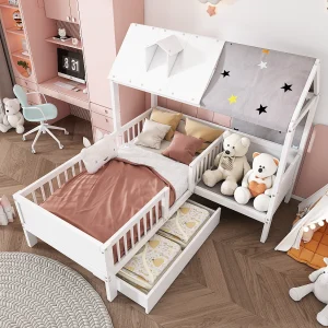 Houten Bed 90×200 cm – Huisvormig Kinderbed Met Lattenbodem – Met Opberglades – Kinderkamer – Massief Hout – Wit – Zonder matras Houten Bed 90×200 cm – Huisvormig Kinderbed Met Lattenbodem – Met Opberglades – Kinderkamer – Massief Hout – Wit – Zonder matras