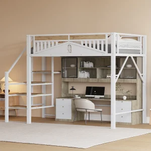 Hoogslaper 140×200 cm – Met Vensterpatroon Balustrade – Zijladder Met Opbergruimte – Kinderkamer – Metaal Hout – Zonder matras Hoogslaper 140×200 cm – Met Vensterpatroon Balustrade – Zijladder Met Opbergruimte – Kinderkamer – Metaal Hout – Zonder matras