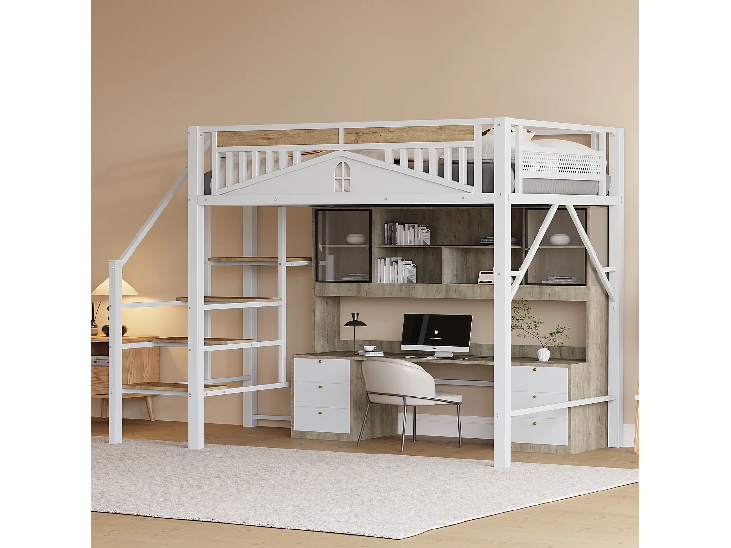 Hoogslaper 140x200 cm – Met Vensterpatroon Balustrade – Zijladder Met Opbergruimte – Kinderkamer – Metaal Hout – Zonder matras
