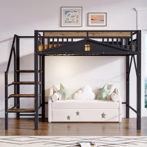 Hoge Hoogslaper 140×200 cm – Unieke Raamvorm Veiligheidshek – Met Veiligheidsopgang – Veel Opbergruimte Onder Bed – Metaal – Zwart – Zonder matras Hoge Hoogslaper 140×200 cm – Unieke Raamvorm Veiligheidshek – Met Veiligheidsopgang – Veel Opbergruimte Onder Bed – Metaal – Zwart – Zonder matras