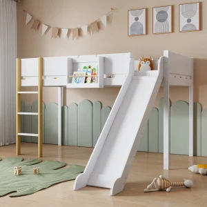Hoogslaper – 90×200 – Kinderbed Met Glijbaan En 4-Zijdig Veiligheidshek – Hout – Wit Natuur Hoogslaper – 90×200 – Kinderbed Met Glijbaan En 4-Zijdig Veiligheidshek – Hout – Wit Natuur