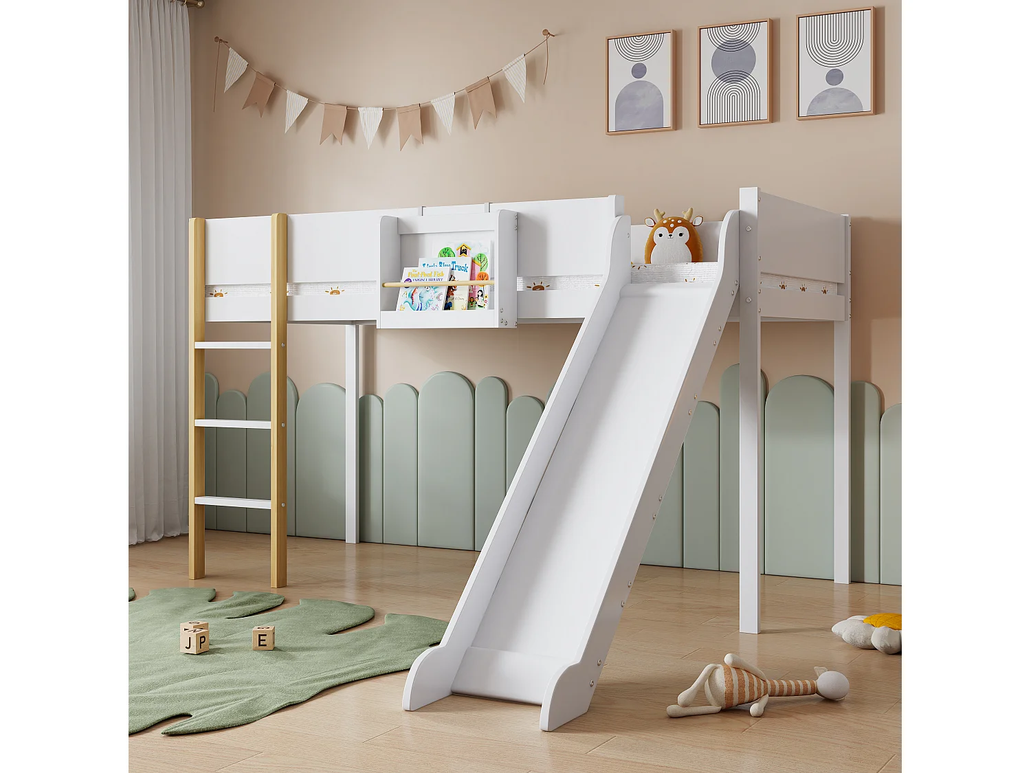 Hoogslaper - 90x200 - Kinderbed Met Glijbaan En 4-Zijdig Veiligheidshek - Hout - Wit Natuur