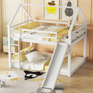 Huisbed 140x200cm – Hoogslaper met Glijbaan en Trap – Wisselbare Positie van Trap en Glijbaan – Kinderbed voor Twee – Hout – Wit zonder matras Huisbed 140x200cm – Hoogslaper met Glijbaan en Trap – Wisselbare Positie van Trap en Glijbaan – Kinderbed voor Twee – Hout – Wit zonder matras