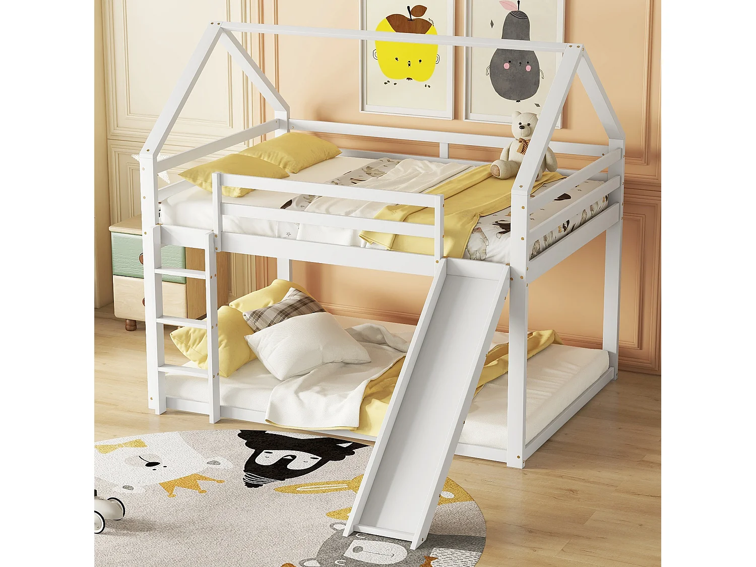 Huisbed 140x200cm - Hoogslaper met Glijbaan en Trap - Wisselbare Positie van Trap en Glijbaan - Kinderbed voor Twee - Hout - Wit zonder matras