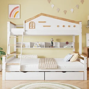 Hoogslaper – 90×200 & 140×200 – Kinderbed met Rausfallschutz en Twee Lades – Hout – Wit Hoogslaper – 90×200 & 140×200 – Kinderbed met Rausfallschutz en Twee Lades – Hout – Wit
