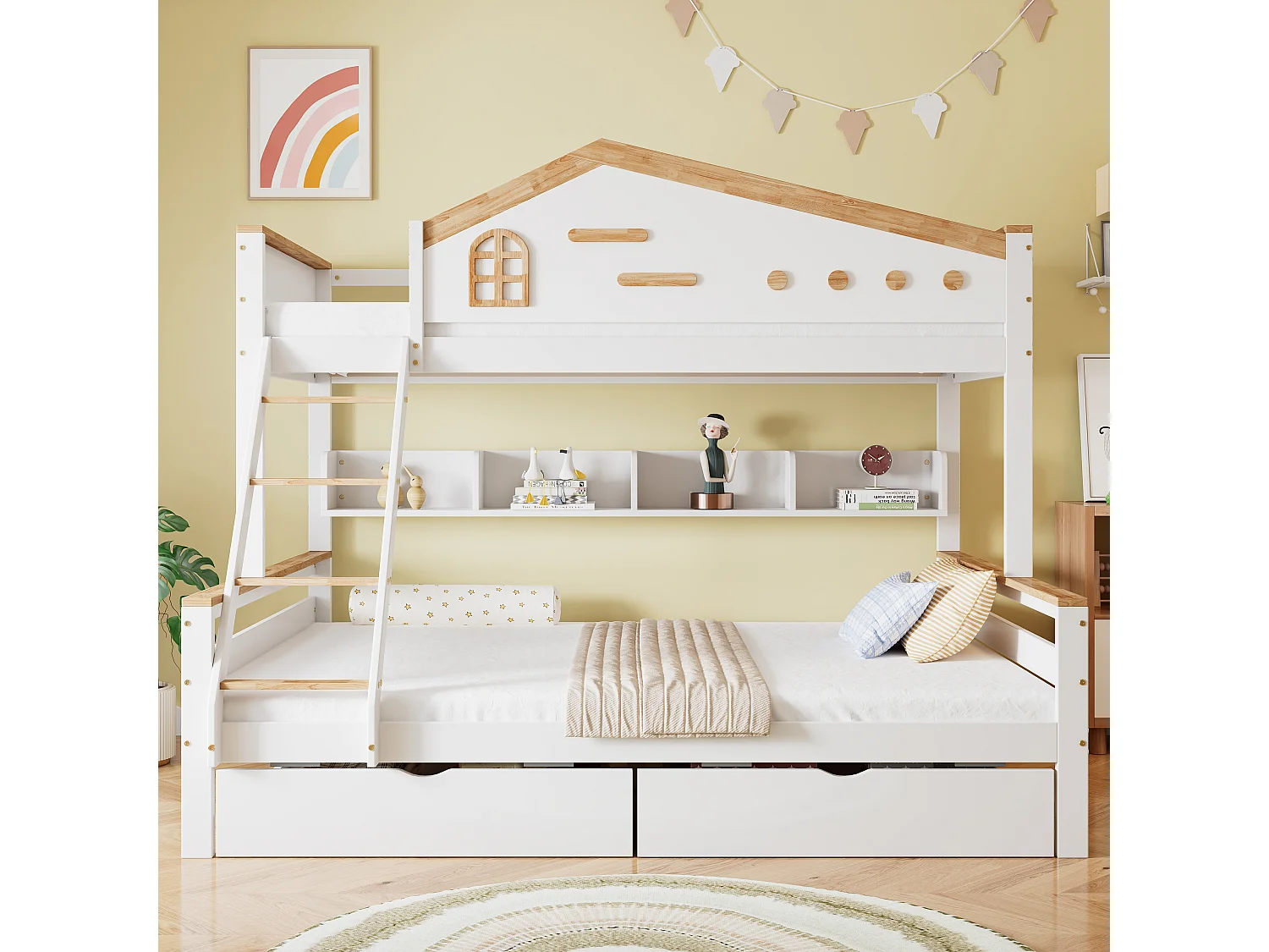 Hoogslaper - 90x200 & 140x200 - Kinderbed met Rausfallschutz en Twee Lades - Hout - Wit