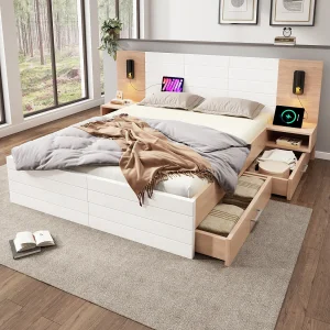 Houten Bed 140×200 cm – 360° Leeslamp en USB Oplader – Met 2 Lades Onderbed – Slaapkamerset Met 2 Nachtkastjes – Massief Hout;MDF – Wit+Lichtbruin – Zonder matras Houten Bed 140×200 cm – 360° Leeslamp en USB Oplader – Met 2 Lades Onderbed – Slaapkamerset Met 2 Nachtkastjes – Massief Hout;MDF – Wit+Lichtbruin – Zonder matras