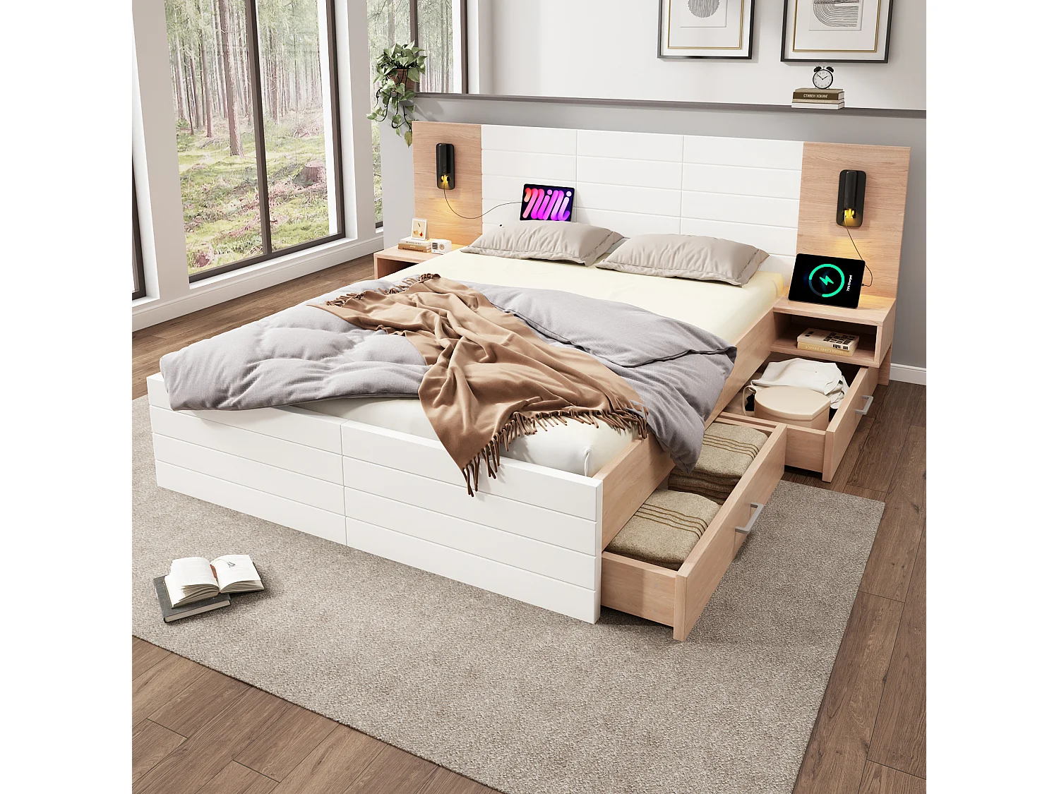 Houten Bed 140x200 cm - 360° Leeslamp en USB Oplader - Met 2 Lades Onderbed - Slaapkamerset Met 2 Nachtkastjes - Massief Hout;MDF - Wit+Lichtbruin - Zonder matras