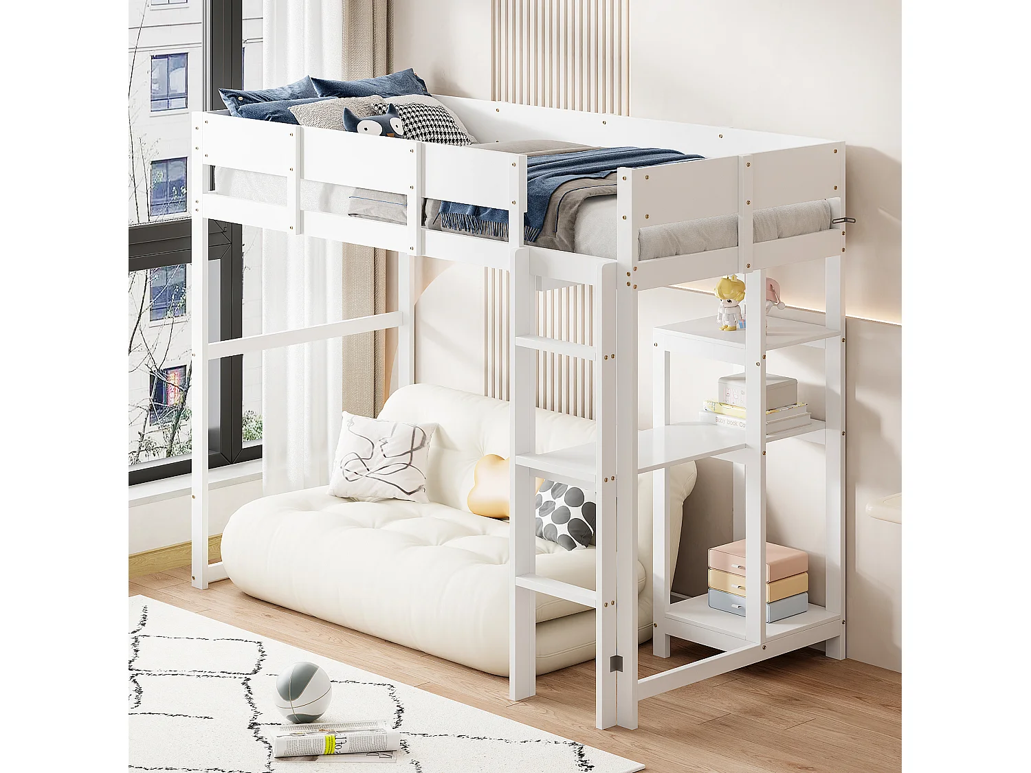 Hoogslaper 90x200cm – Met Opbergplank En Lattenbodem – Ruimtebesparend – Met Veiligheidshekken – Voor Kind En Tiener – Hout – Zonder matras – Wit