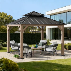 KAPS 330 cm x 330 cm buitenpaviljoen met hard dak op zonne-energie, donkerbruin stalen dak, LED-verlichting en plafondhaak. KAPS 330 cm x 330 cm buitenpaviljoen met hard dak op zonne-energie, donkerbruin stalen dak, LED-verlichting en plafondhaak.