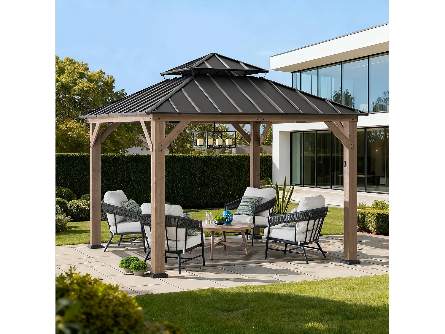 KAPS 330 cm x 330 cm buitenpaviljoen met hard dak op zonne-energie, donkerbruin stalen dak, LED-verlichting en plafondhaak.