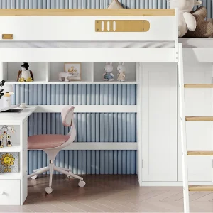 Houten hoogslaper – 90×200 cm – met planken, bureau en kledingkast – Wit Houten hoogslaper – 90×200 cm – met planken, bureau en kledingkast – Wit