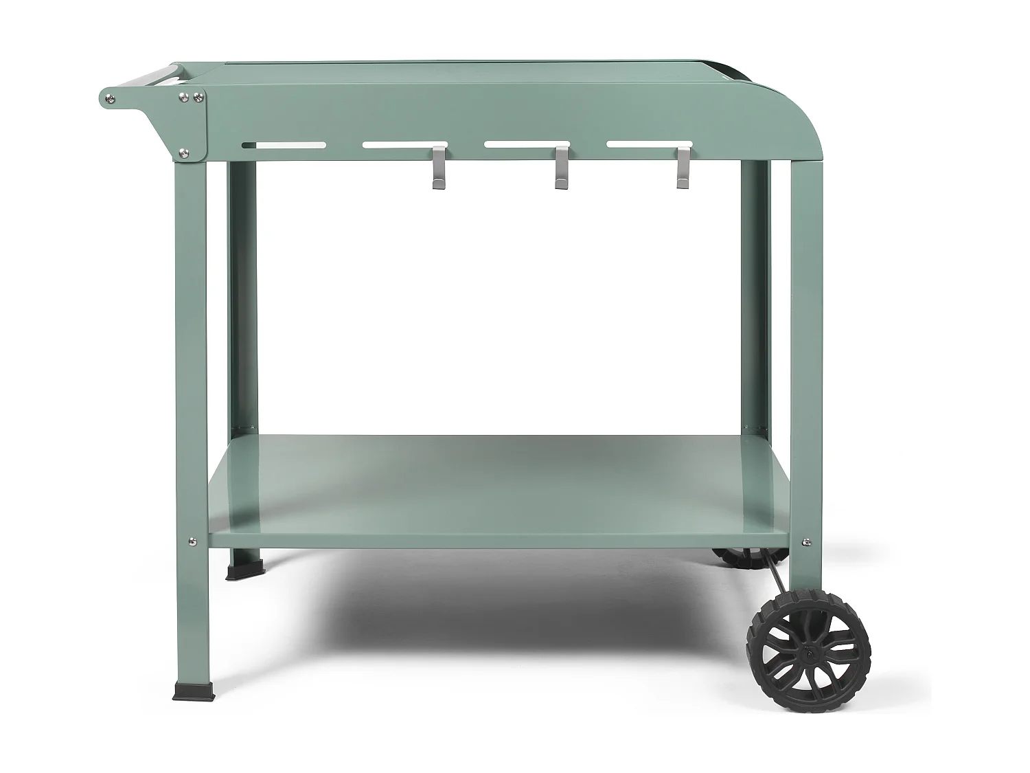 Kaki serveerwagen Livoo GS168V voor plancha 2-3 branders, geverfd staal, 3 haken, mand, getande wielen, 91,5x50,2x80 cm