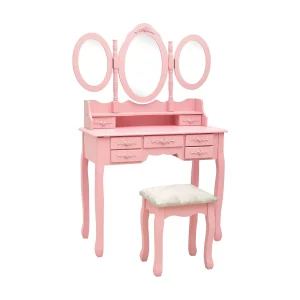 Kaptafel met kruk en drievoudige spiegel roze Kaptafel met kruk en drievoudige spiegel roze