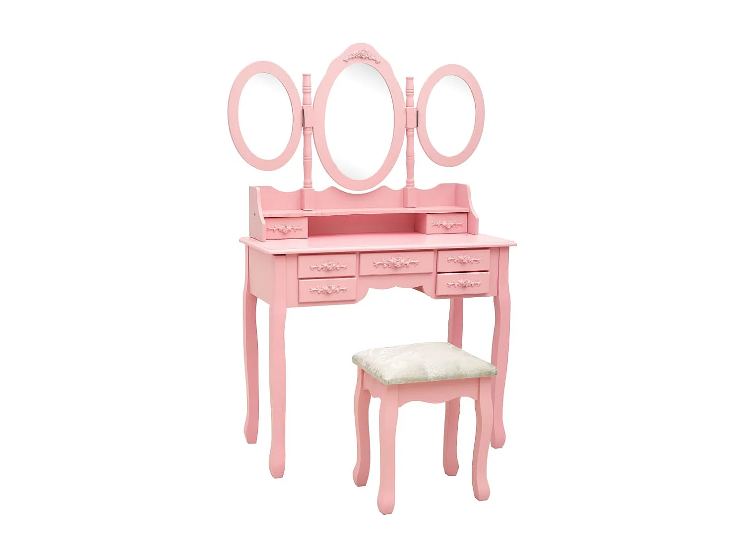 Kaptafel met kruk en drievoudige spiegel roze