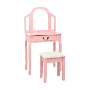 Kaptafel met kruk 65x36x128 cm paulowniahout MDF roze Kaptafel met kruk 65x36x128 cm paulowniahout MDF roze