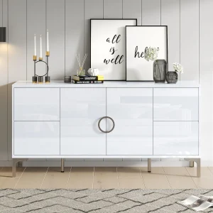 Hoogglans gelakt dressoir voor de woonkamer – 150 x 38 x 59,5 cm – met 4 lades + 2 deuren – metalen steunpoten – MDF – wit Hoogglans gelakt dressoir voor de woonkamer – 150 x 38 x 59,5 cm – met 4 lades + 2 deuren – metalen steunpoten – MDF – wit