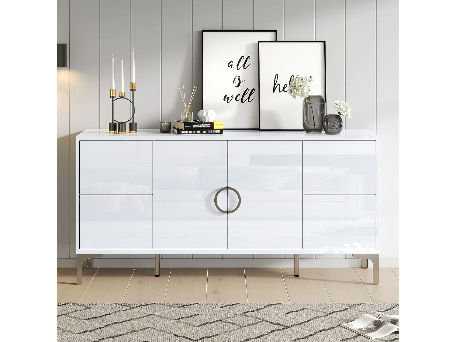 Hoogglans gelakt dressoir voor de woonkamer - 150 x 38 x 59,5 cm - met 4 lades + 2 deuren - metalen steunpoten - MDF - wit