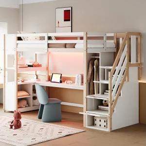 Houten kinderhoogslaper – 90 x 200 cm – met kledingkast + bureau + opbergkast + plank + opbergtrap + ledverlichting – wit + naturel Houten kinderhoogslaper – 90 x 200 cm – met kledingkast + bureau + opbergkast + plank + opbergtrap + ledverlichting – wit + naturel