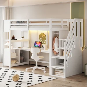 Houten kinderhoogslaper – 90 x 200 cm – met kledingkast + bureau + opbergkast + plank + opbergtrap + ledverlichting – wit Houten kinderhoogslaper – 90 x 200 cm – met kledingkast + bureau + opbergkast + plank + opbergtrap + ledverlichting – wit