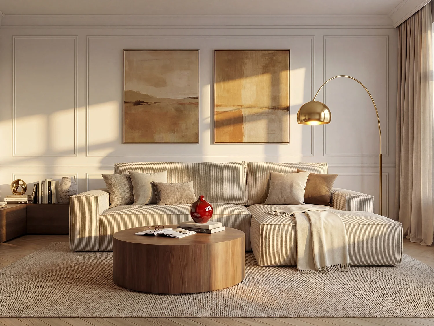 Hoekslaapbank AMELIA van PASCAL MORABITO - Ribfluweel - Beige - Hoek rechts - Koop online