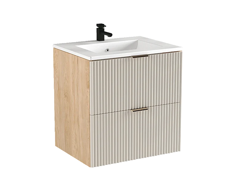 Kast met wastafel 60 cm Geribbelde fronten Kasjmier / Notenhout