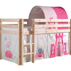 Hoogslaper 90×200 cm met tent en prinsessentunnel licht massief grenen Pino Hoogslaper 90×200 cm met tent en prinsessentunnel licht massief grenen Pino
