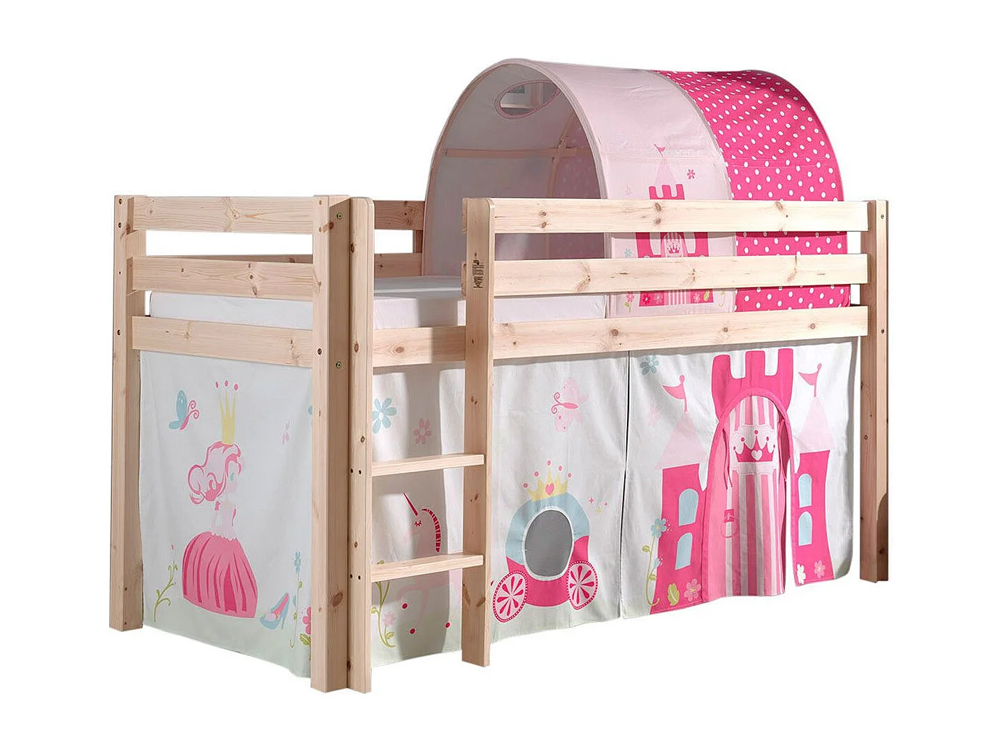 Hoogslaper 90x200 cm met tent en prinsessentunnel licht massief grenen Pino
