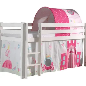Hoogslaper 90×200 cm met tent en prinsessentunnel massief grenen wit Pino Hoogslaper 90×200 cm met tent en prinsessentunnel massief grenen wit Pino