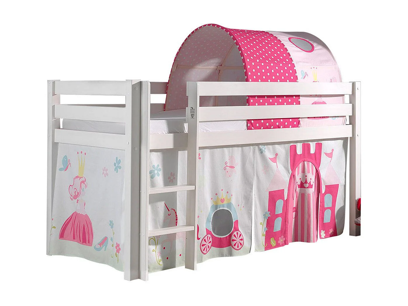 Hoogslaper 90x200 cm met tent en prinsessentunnel massief grenen wit Pino