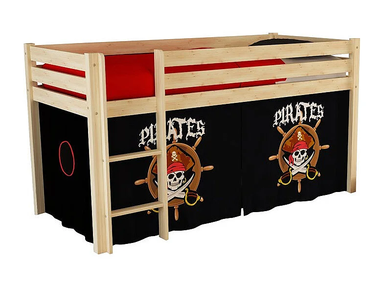 Hoogslaper 90x200 cm met zwarte piratentent licht massief grenen Pino