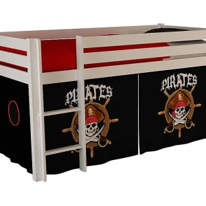 Hoogslaper 90×200 cm met zwarte piratentent massief grenen wit Pino Hoogslaper 90×200 cm met zwarte piratentent massief grenen wit Pino