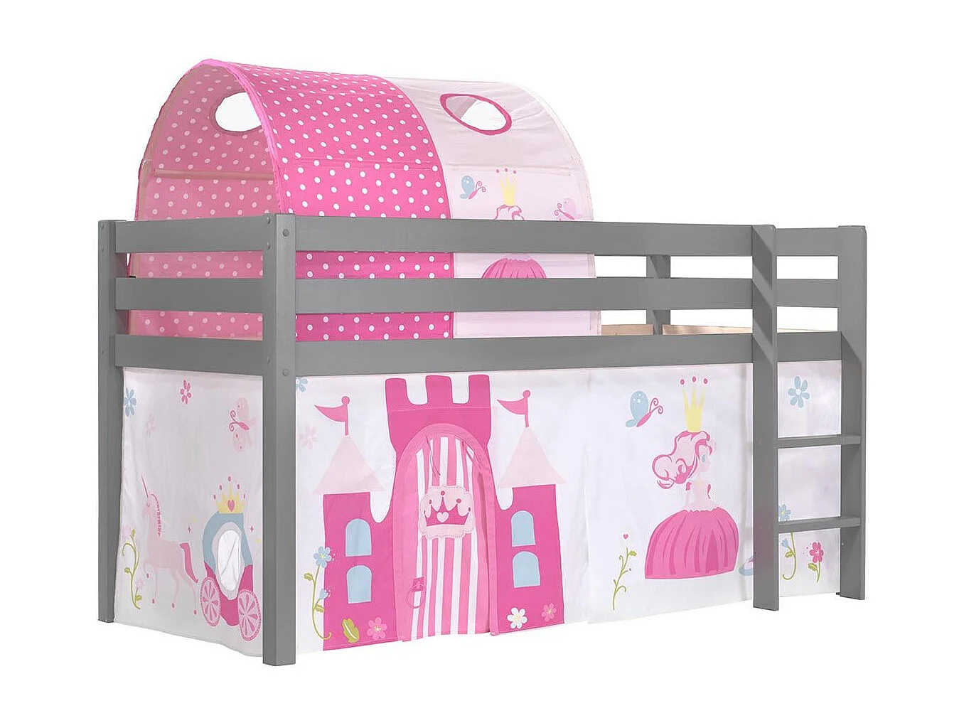 Hoogslaper 90x200 cm met tent en prinsessentunnel massief grenengrijs Pino