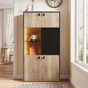 Hoog LED-dressoir met 5 deuren – Natuurlijk hout en zwart, 77,8 x 36 x 150 cm Hoog LED-dressoir met 5 deuren – Natuurlijk hout en zwart, 77,8 x 36 x 150 cm