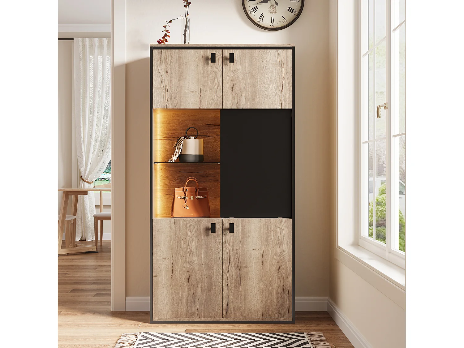 Hoog LED-dressoir met 5 deuren - Natuurlijk hout en zwart, 77,8 x 36 x 150 cm
