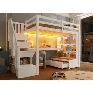 Hoogslaper van 90×200 cm met ledverlichting, bureau, planken en 2 lades, opbergladder – Wit Hoogslaper van 90×200 cm met ledverlichting, bureau, planken en 2 lades, opbergladder – Wit