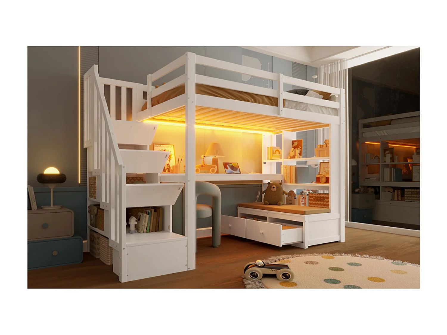 Hoogslaper van 90x200 cm met ledverlichting, bureau, planken en 2 lades, opbergladder - Wit