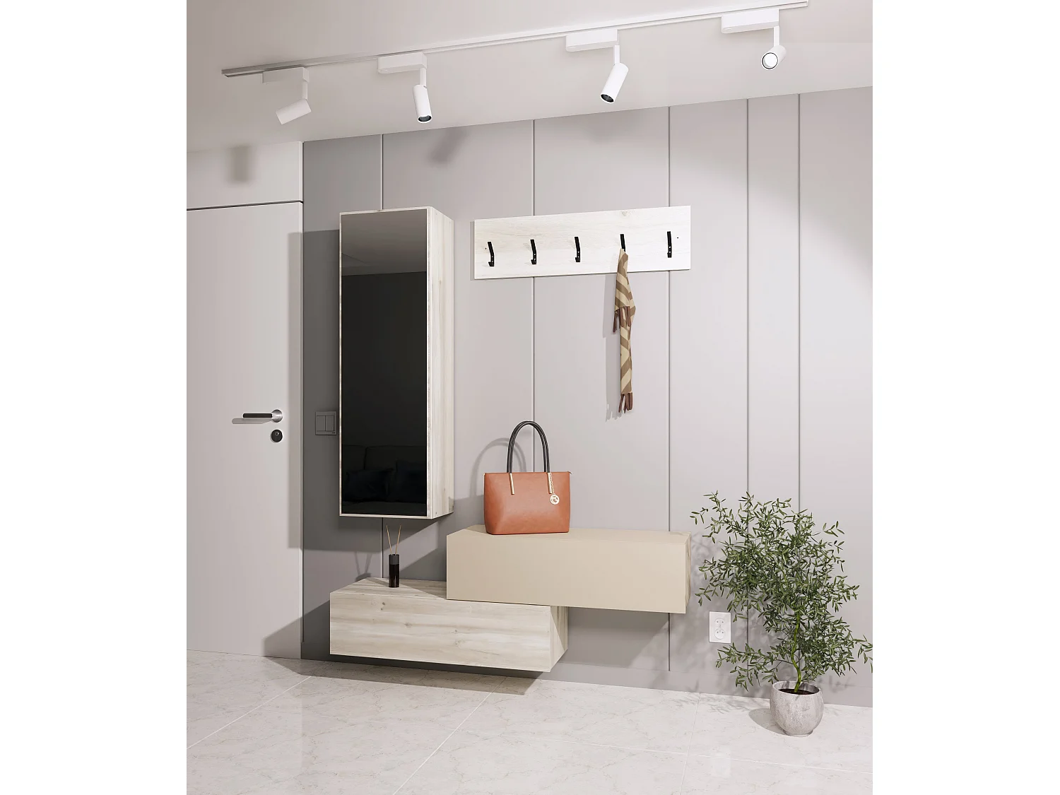 Kapstok Diego, eiken wit/Crem Satin, 140 x 28 x 180 cm