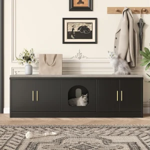 Inbouwbuffet voor katten – 140 x 40 x 45,5 cm – Geïntegreerde krabpaal en ventilatie – met 3 deuren – spaanplaat – zwart Inbouwbuffet voor katten – 140 x 40 x 45,5 cm – Geïntegreerde krabpaal en ventilatie – met 3 deuren – spaanplaat – zwart