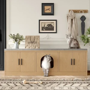 Inbouwbuffet voor katten – 140 x 40 x 45,5 cm – Geïntegreerde krabpaal en ventilatie – met 3 deuren – spaanplaat – naturel Inbouwbuffet voor katten – 140 x 40 x 45,5 cm – Geïntegreerde krabpaal en ventilatie – met 3 deuren – spaanplaat – naturel