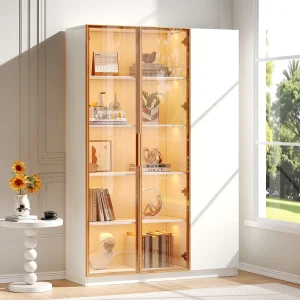Hoge glazen vitrinekast – 110 x 35 x 165 cm – met 3 deuren + LED-verlichting + verstelbare planken – MDF – wit Hoge glazen vitrinekast – 110 x 35 x 165 cm – met 3 deuren + LED-verlichting + verstelbare planken – MDF – wit