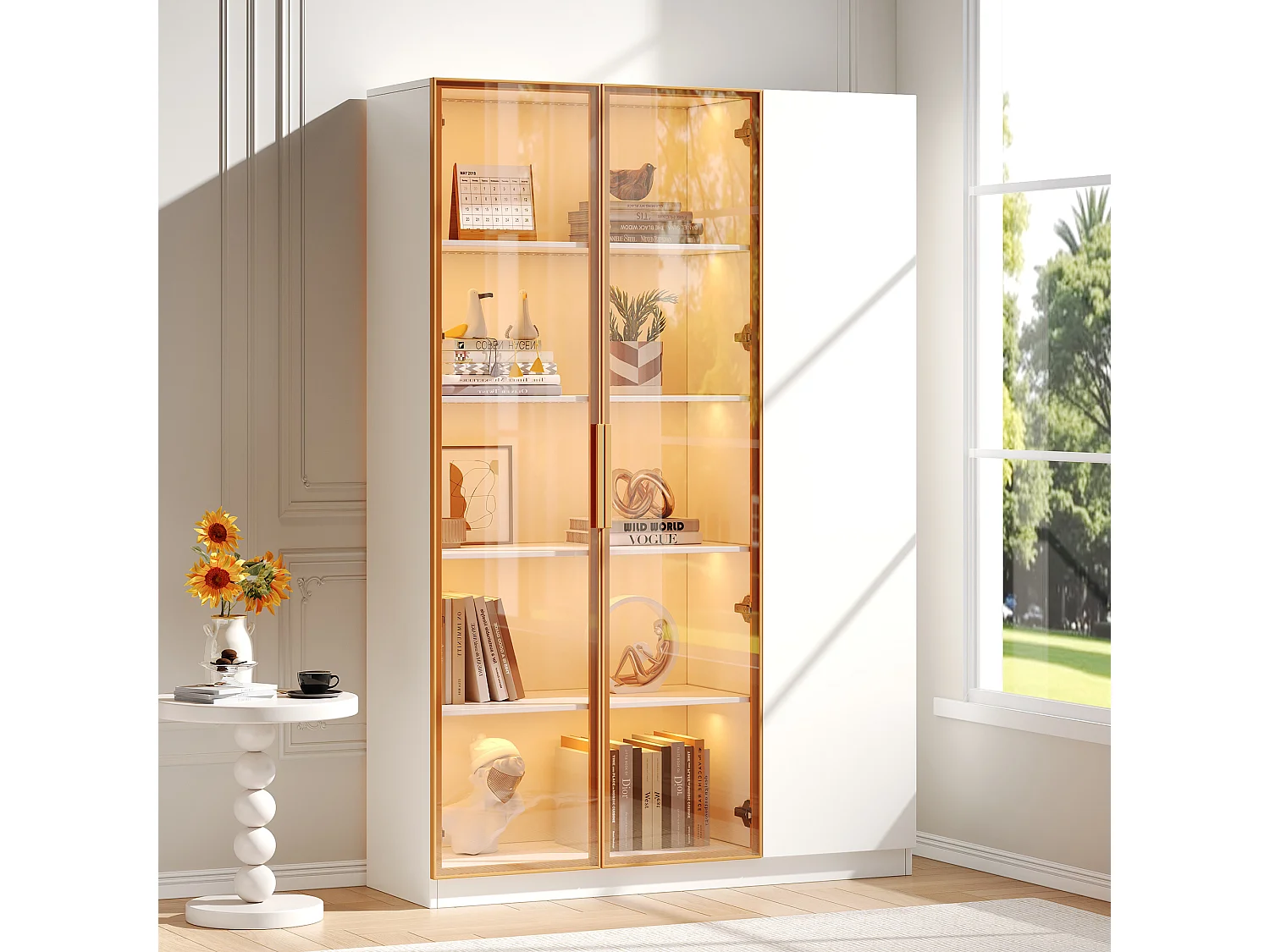 Hoge glazen vitrinekast - 110 x 35 x 165 cm - met 3 deuren + LED-verlichting + verstelbare planken - MDF - wit