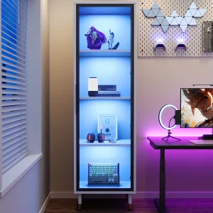Hoge glazen vitrinekast – 40 x 40 x 170 cm – met deuren + LED-verlichting + schappen – spaanplaat – wit Hoge glazen vitrinekast – 40 x 40 x 170 cm – met deuren + LED-verlichting + schappen – spaanplaat – wit