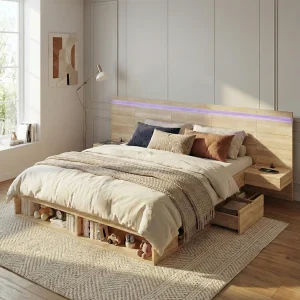 Houten tweepersoonsbed met opbergruimte – 180 x 200 cm – met USB + LED's + 2 nachtkastjes + lades + planken – naturel Houten tweepersoonsbed met opbergruimte – 180 x 200 cm – met USB + LED's + 2 nachtkastjes + lades + planken – naturel