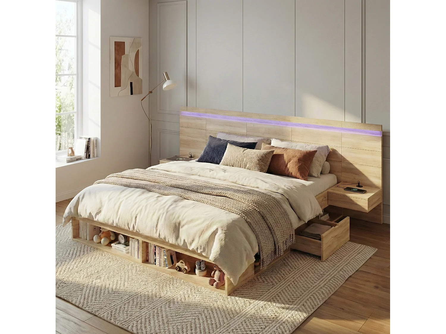 Houten tweepersoonsbed met opbergruimte - 180 x 200 cm - met USB + LED's + 2 nachtkastjes + lades + planken - naturel