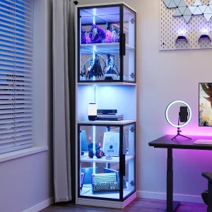 Hoge vitrinekast – 42 x 44 x 205 cm – met LED-verlichting + glazen deur + spiegelende achterwand – spaanplaat – wit Hoge vitrinekast – 42 x 44 x 205 cm – met LED-verlichting + glazen deur + spiegelende achterwand – spaanplaat – wit
